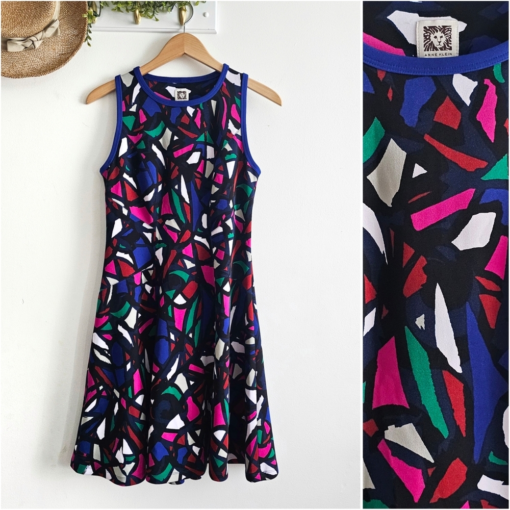 Anne Klein Multicolor Abstract, Fit & Flare Dress Size 6 Sleeveless Colorblock